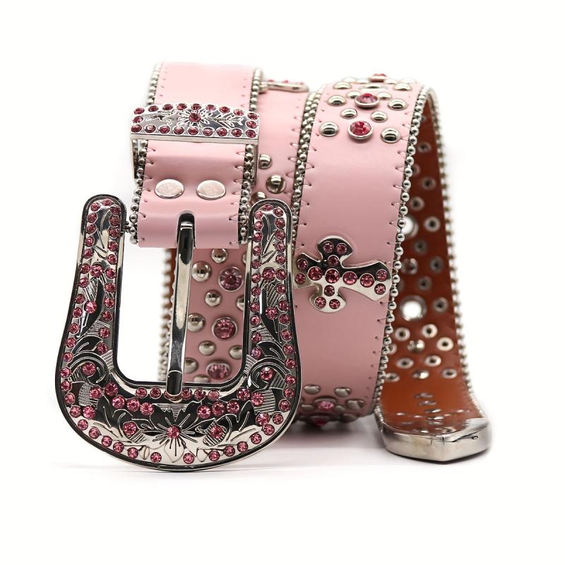 Pink Rhinestone Cross PU Belt Punk Hip Hop Jeans Pants Belt Y2K