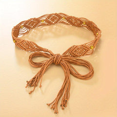 Boho Bowknot Sash Belt Vintage Hollow Braided Wax Rope Waistband