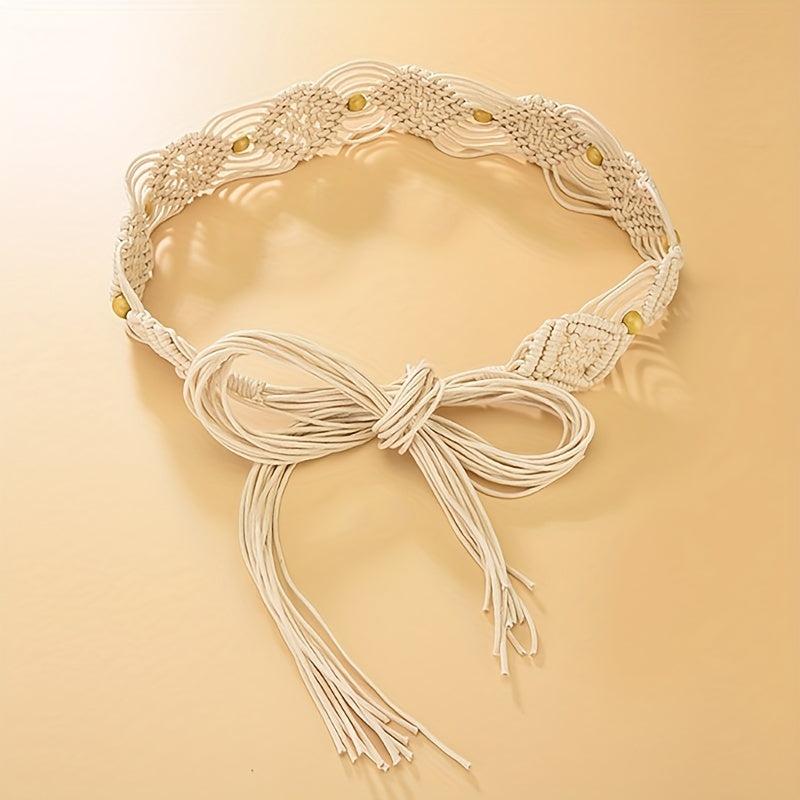 Boho Bowknot Sash Belt Vintage Hollow Braided Wax Rope Waistband