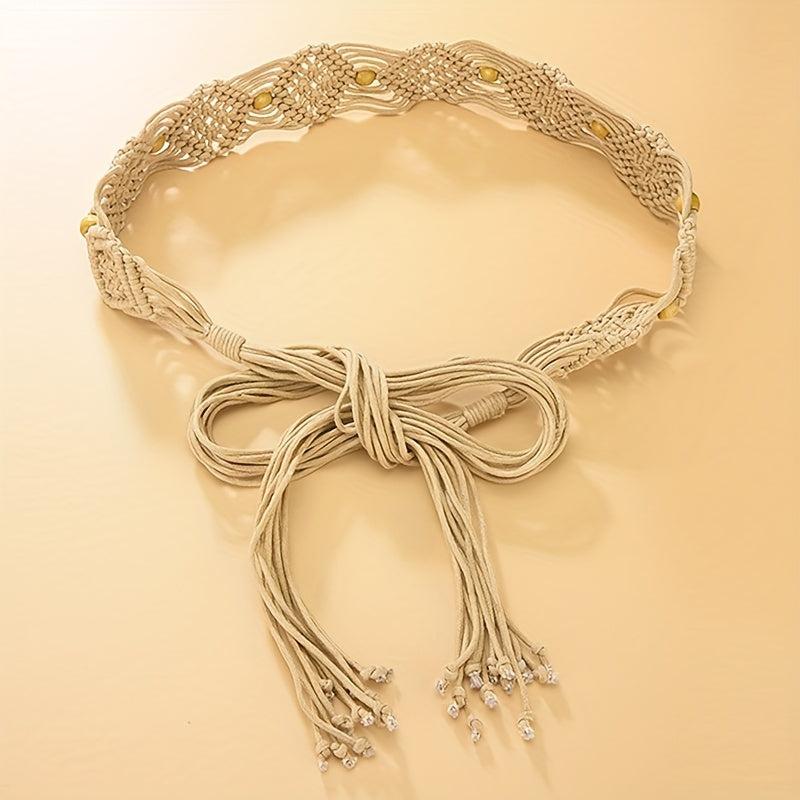 Boho Bowknot Sash Belt Vintage Hollow Braided Wax Rope Waistband