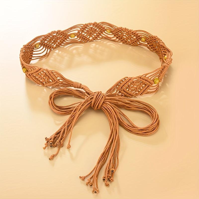 Boho Bowknot Sash Belt Vintage Hollow Braided Wax Rope Waistband