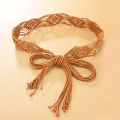 Boho Bowknot Sash Belt Vintage Hollow Braided Wax Rope Waistband