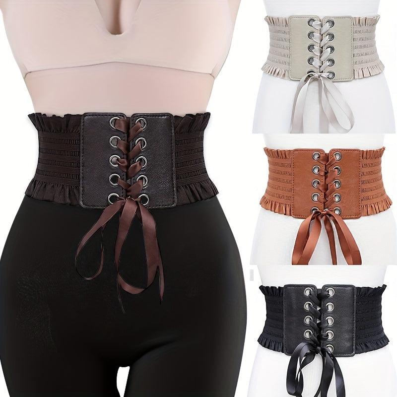 PU Leather Wide Belt Women Lace Corset Belt Female