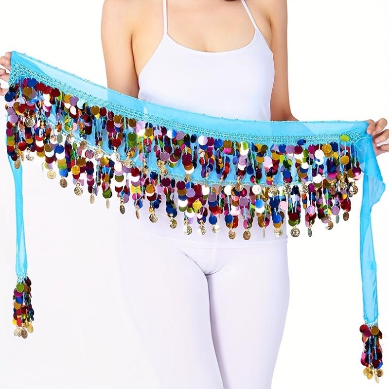 Colorful Belly Dance Hip Scarf with Sequins Coins Tassel Waistband