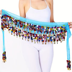 Colorful Belly Dance Hip Scarf with Sequins Coins Tassel Waistband
