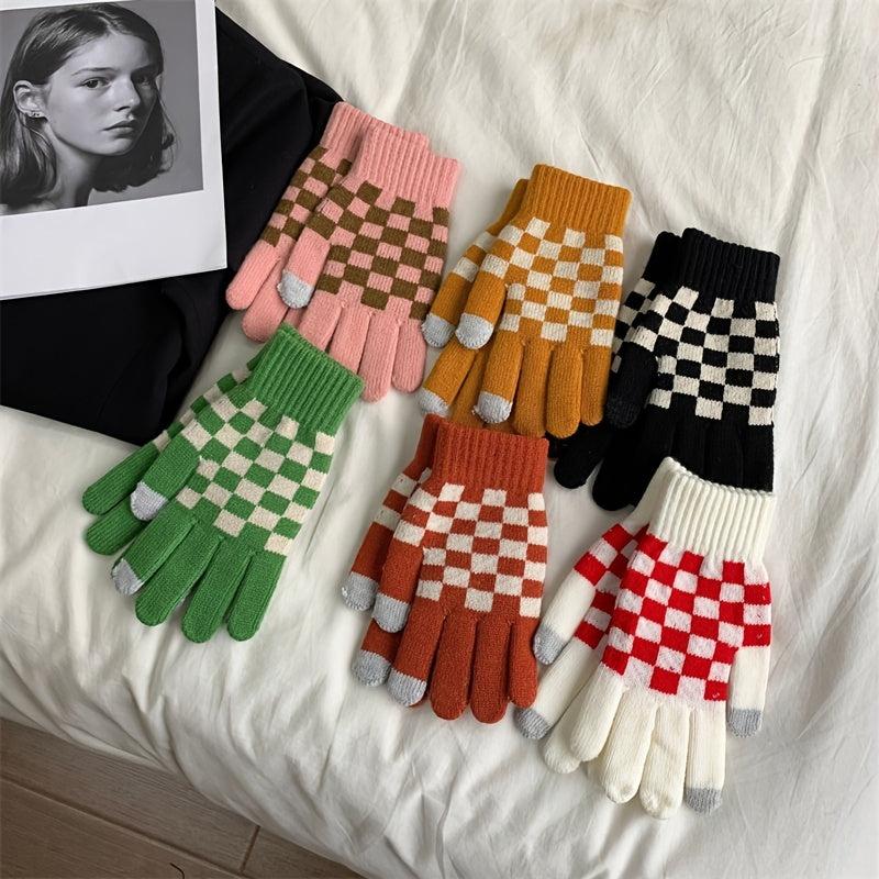 Chessboard Plush Gloves Touch Screen Thickened Warm Gloves