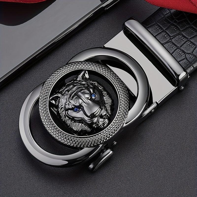 Men's Calfskin Leather Lion Head Buckle Belt Snake Pattern Business Belt