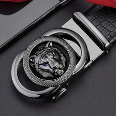 Men's Calfskin Leather Lion Head Buckle Belt Snake Pattern Business Belt