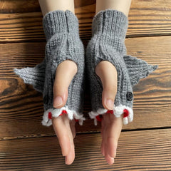 1pair Shark Gloves Funny Cartoon Wool Winter Warm Half Finger Gloves