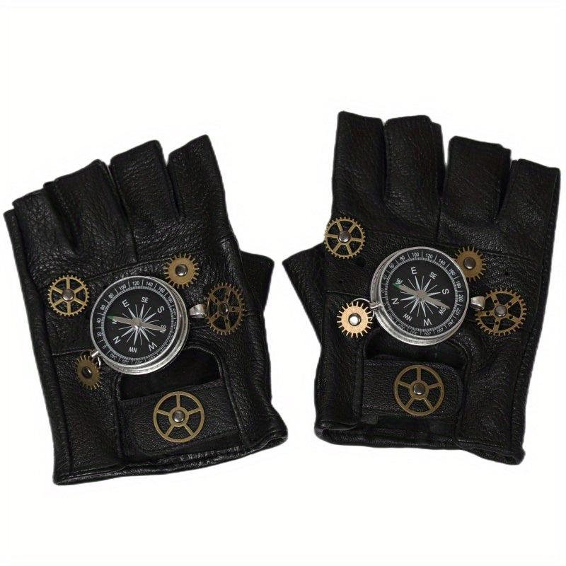 Steampunk Leather Gloves Men's Gothic Fingerless Gear Halloween Compass