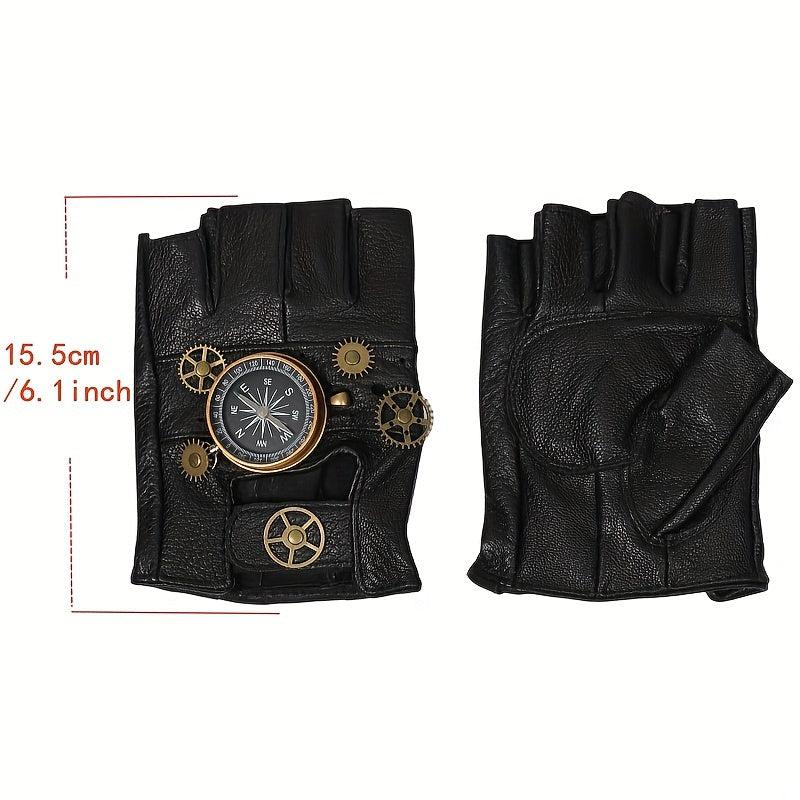 Steampunk Leather Gloves Men's Gothic Fingerless Gear Halloween Compass