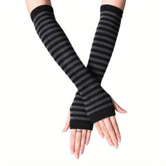 Hip Hop Stripe Print Gloves Cartoon Y2K Long Sleeve Half Fingerless