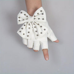 Rivet Bow PU Leather Gloves Punk Dance Performance Half Finger Gloves