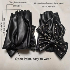 Rivet Bow PU Leather Gloves Punk Dance Performance Half Finger Gloves