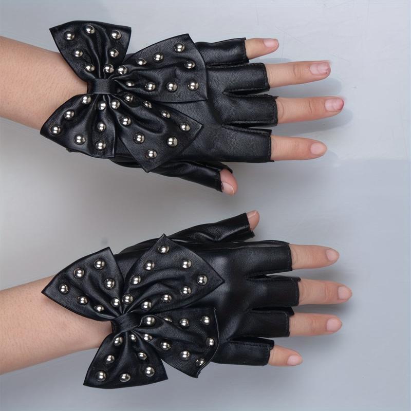 Rivet Bow PU Leather Gloves Punk Dance Performance Half Finger Gloves