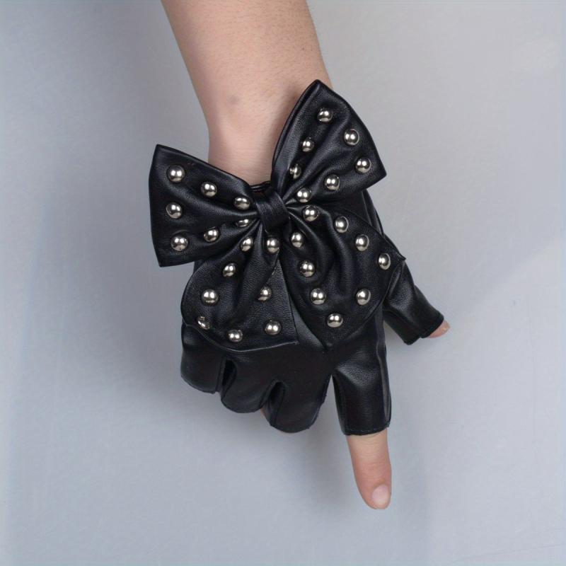 Rivet Bow PU Leather Gloves Punk Dance Performance Half Finger Gloves