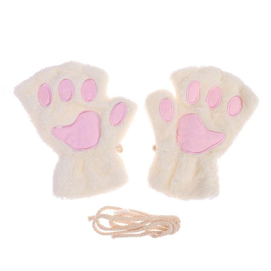 Winter Cartoon Cat Paws Gloves Girl Fingerless Plush Gloves