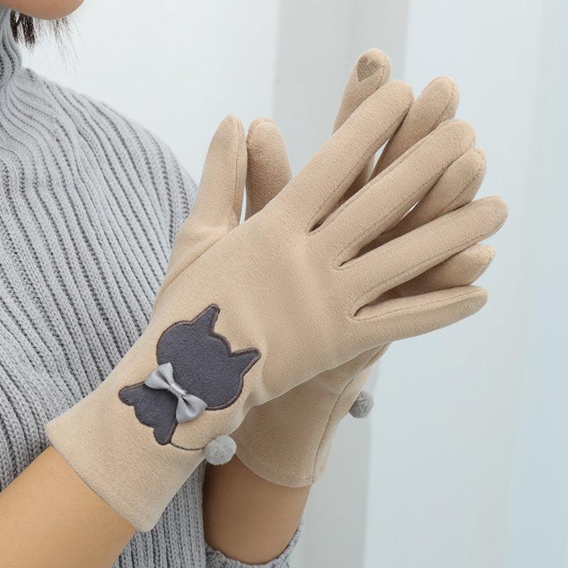Women's Winter Velvet Gloves Cat Embroidery
