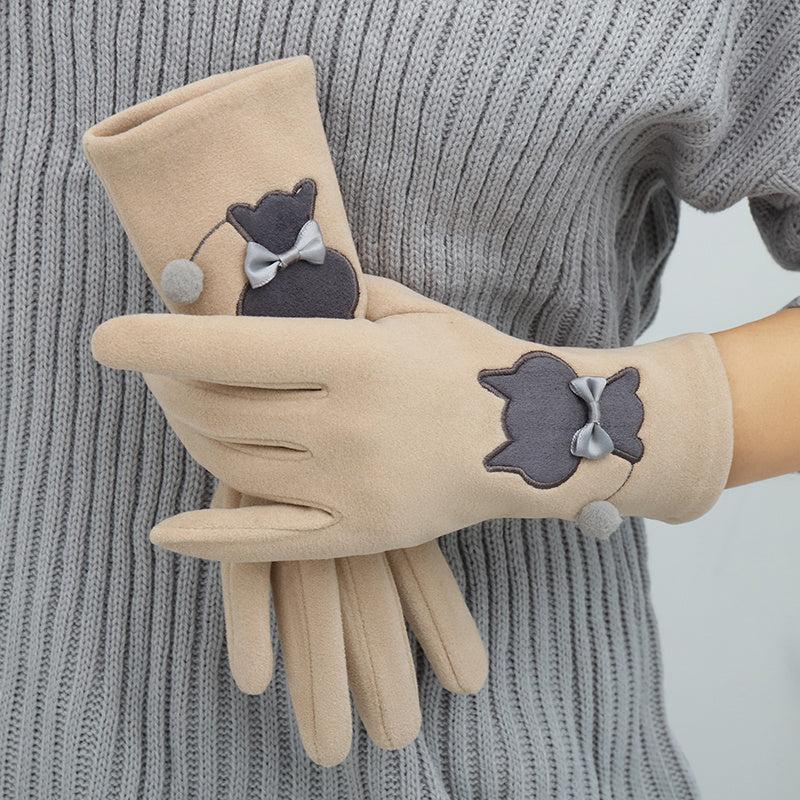 Women's Winter Velvet Gloves Cat Embroidery