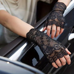 Flower Mesh Lace Sunscreen Gloves - Medium Length