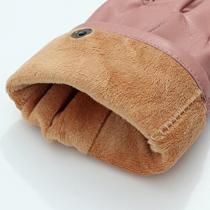Women's Winter PU Leather Gloves with Buttons - Warm Mittens