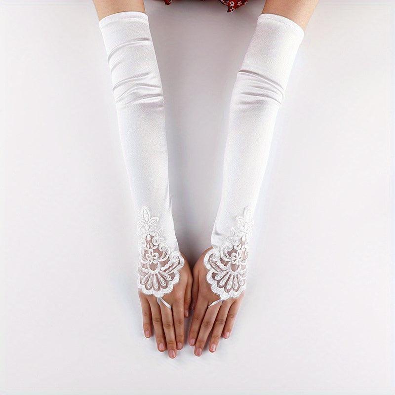 Satin Lace Long Gloves Rhinestone Soft Solid Gloves Wedding Bridal Dress