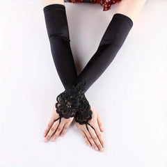 Satin Lace Long Gloves Rhinestone Soft Solid Gloves Wedding Bridal Dress