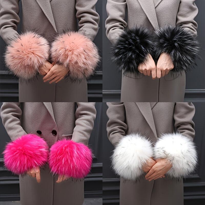2pcs Winter Faux Fur Arm Warmers Short Wrist Band Cuffs for Women