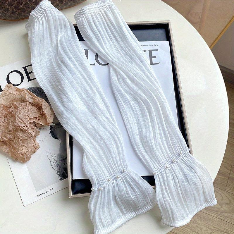 Faux Pearl Decor Gloves Ruffles Elastic Fingerless Sunscreen Long Gloves