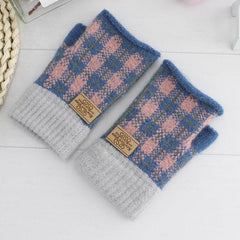 Women's Plaid Striped Woolen Half Finger Gloves