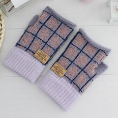 Women's Plaid Striped Woolen Half Finger Gloves