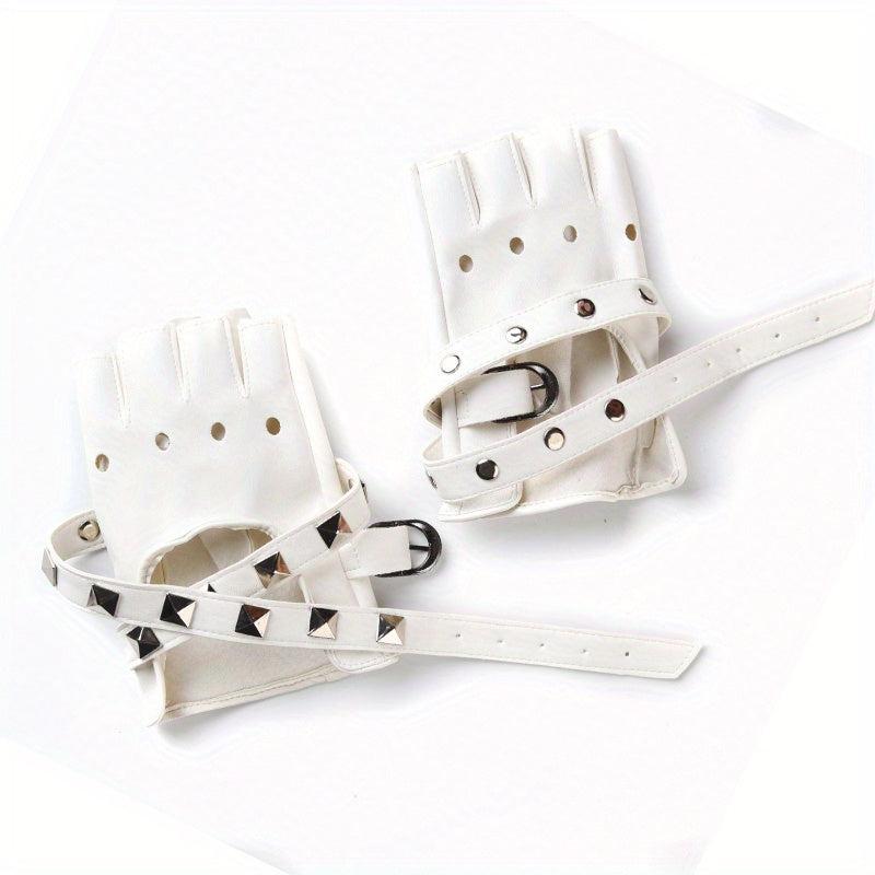 Punk PU Leather Half Finger Gloves Rivet Gothic Hollow Out Gloves Women