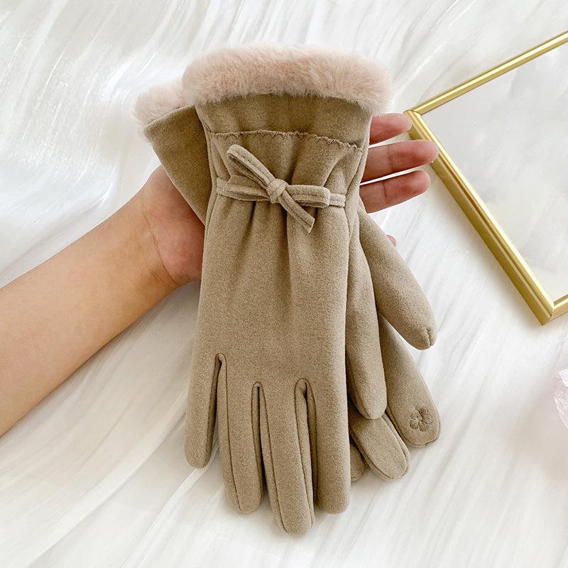 Women's Warm Gloves Outdoor Riding Driving Bow Plus Fleece Mittens