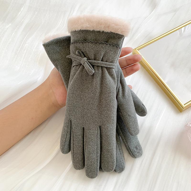 Women's Warm Gloves Outdoor Riding Driving Bow Plus Fleece Mittens