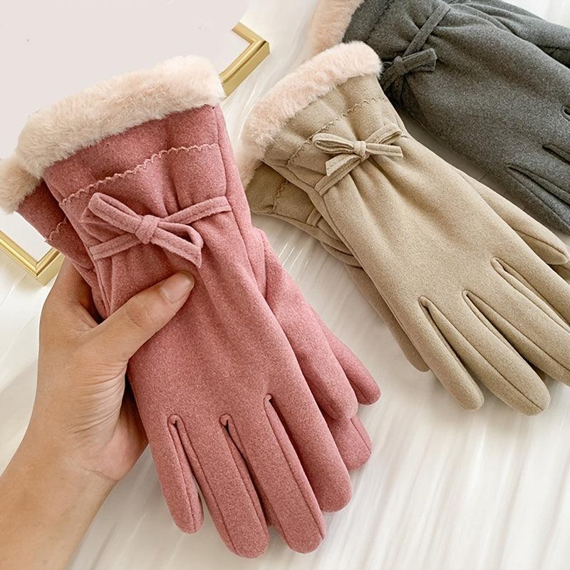 Women's Warm Gloves Outdoor Riding Driving Bow Plus Fleece Mittens