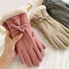 Women's Warm Gloves Outdoor Riding Driving Bow Plus Fleece Mittens