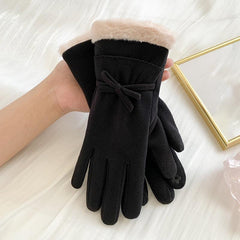 Women's Warm Gloves Outdoor Riding Driving Bow Plus Fleece Mittens