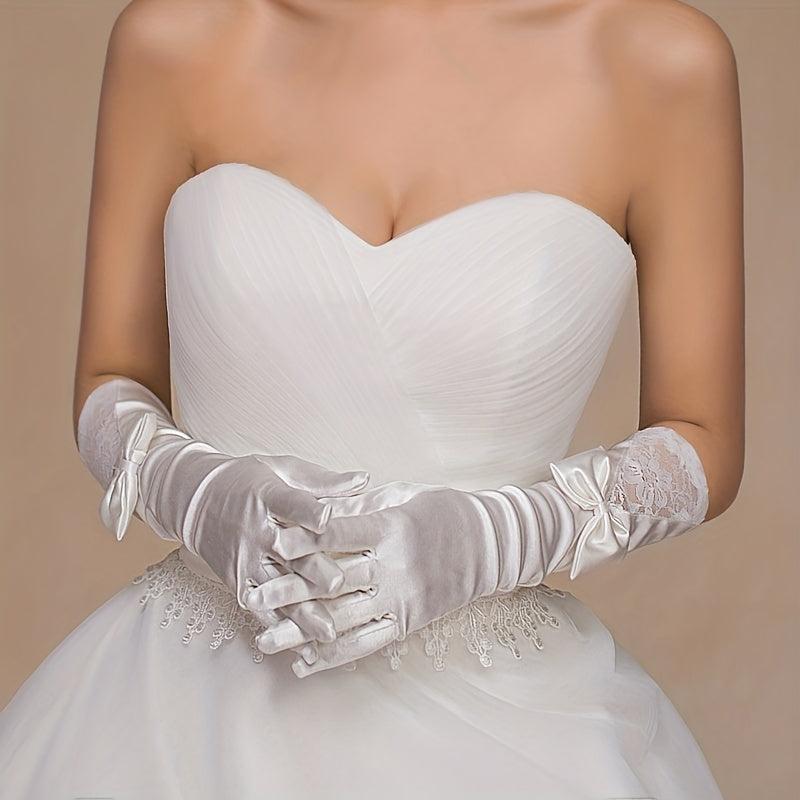 Classic Satin Long Gloves with Bowknot for Wedding Tea Party Lace Gloves