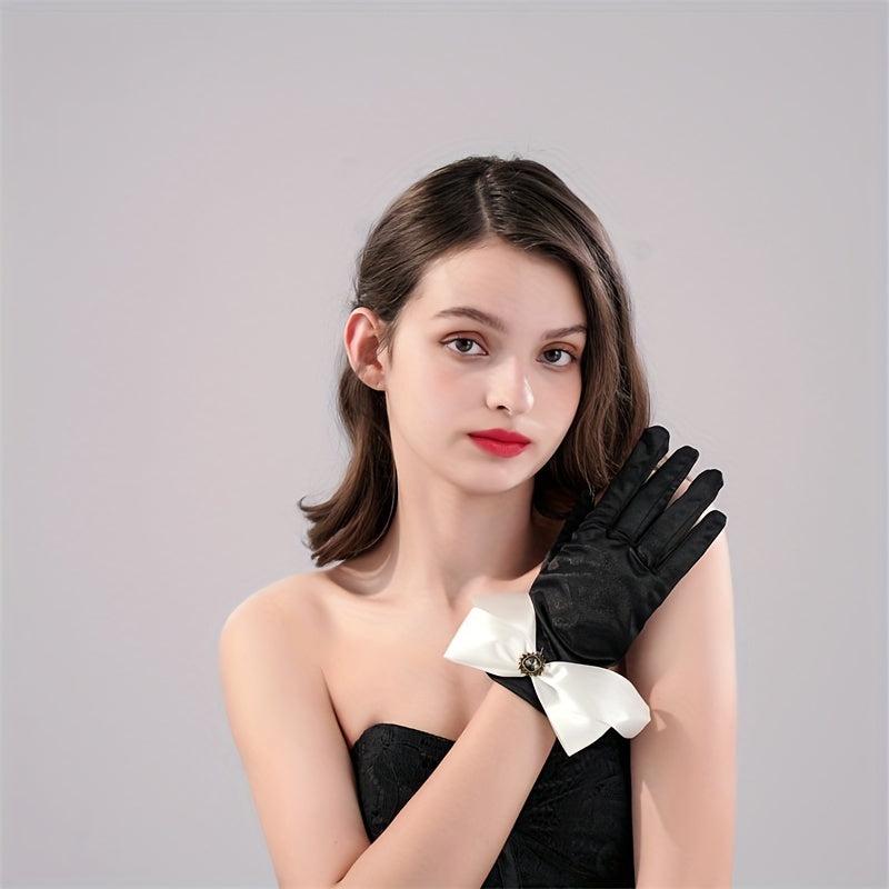 Wedding Dress Satin Gloves with Bow - Women's Fit Wedding Gloves