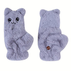 Plush Animal Gloves Flip Cover Cartoon Cat Gloves For Women