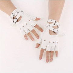 Rivet Punk Fingerless Gloves for Women Hollow Out Rock Stage Hip Hop Party