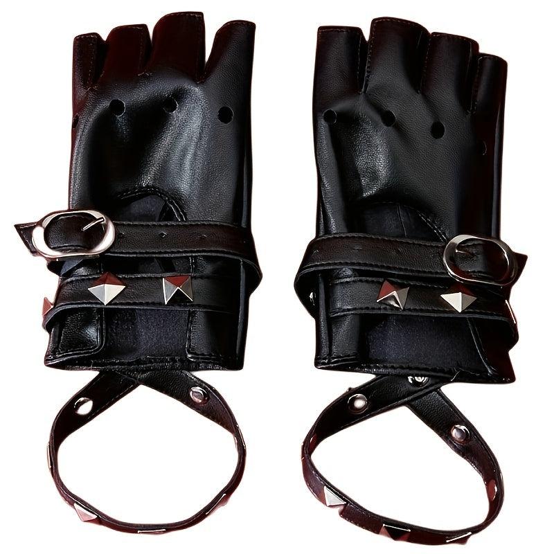 Rivet Punk Fingerless Gloves for Women Hollow Out Rock Stage Hip Hop Party