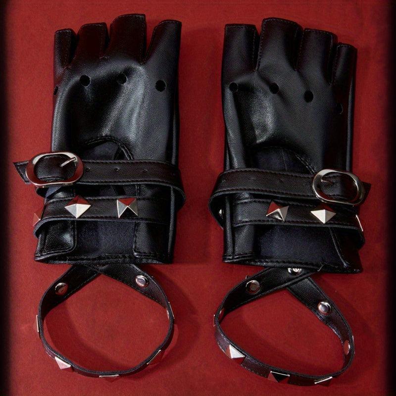 Rivet Punk Fingerless Gloves for Women Hollow Out Rock Stage Hip Hop Party
