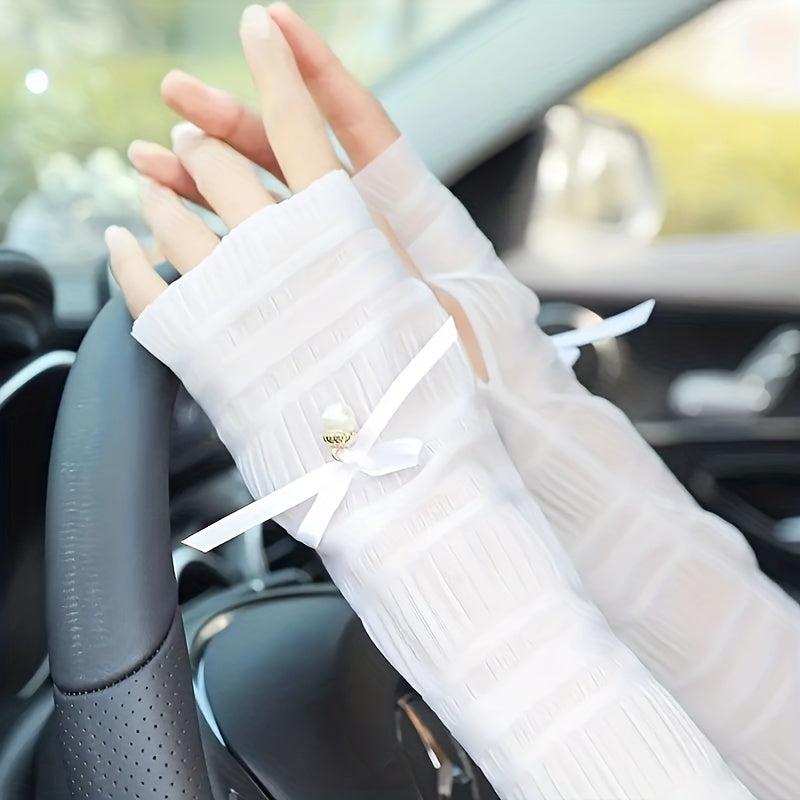 Lace Long Gloves Faux Pearl Decor Wedding Bridal Women Sunscreen Ice Sleeves