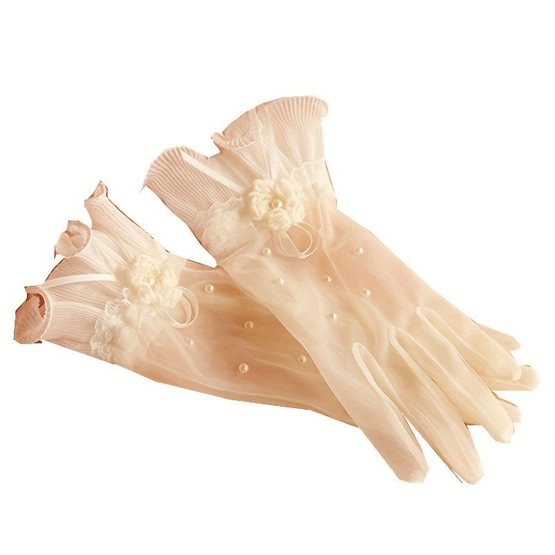 Ruffles Lace Short Gloves Bow Faux Pearl Decor Gloves Wedding Dress