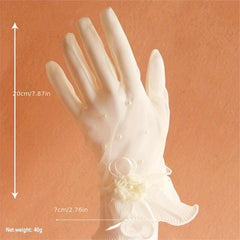 Ruffles Lace Short Gloves Bow Faux Pearl Decor Gloves Wedding Dress
