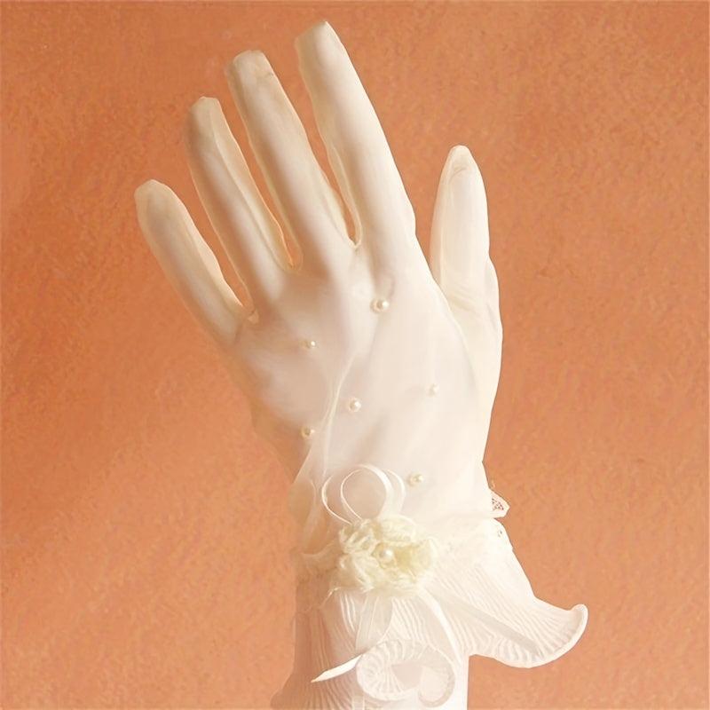 Ruffles Lace Short Gloves Bow Faux Pearl Decor Gloves Wedding Dress