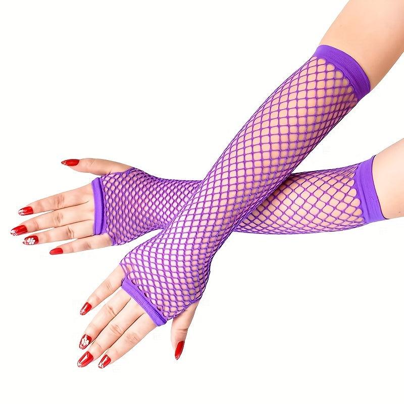 Purple Fishnet Gloves mid length Y2K Casual Hollow Out Fingerless Gloves