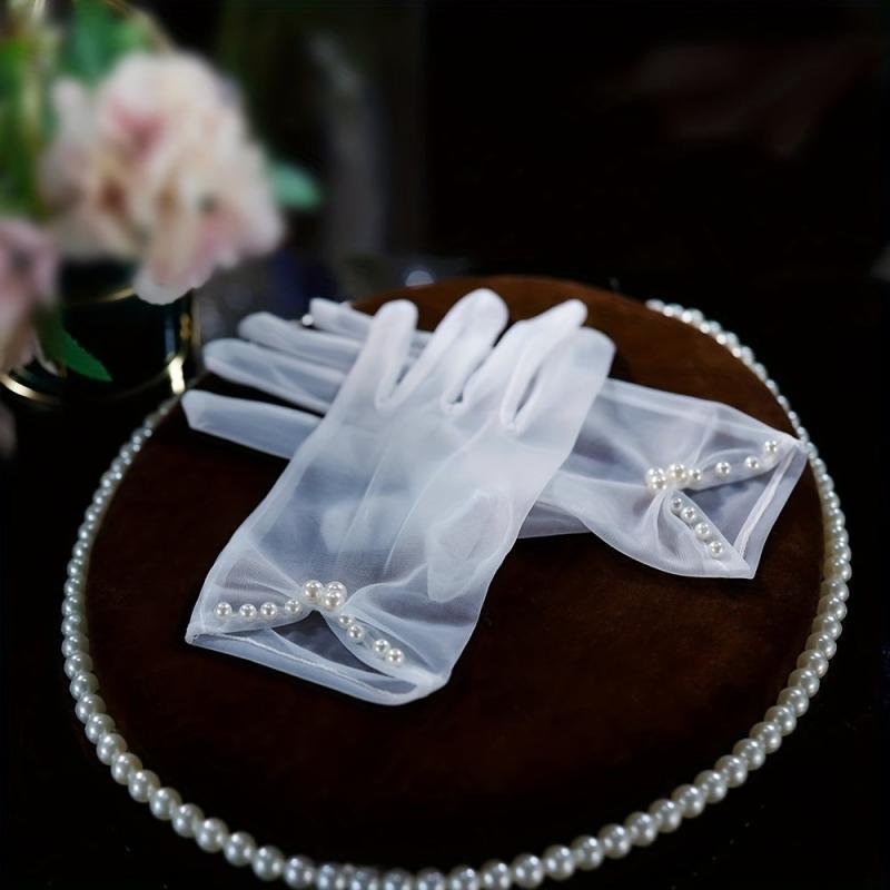 Ruched Bow Gloves Faux Pearl Decor Short Gloves