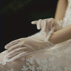 Ruched Bow Gloves Faux Pearl Decor Short Gloves
